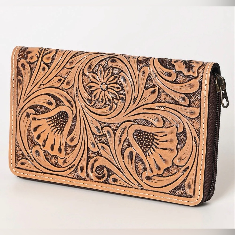 Hand-Tooled Floral Zip Wallet in Tan